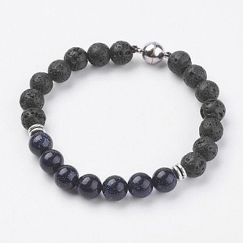 Natural Lava Rock Beads Stretch Bracelets, with Synthetic Blue Goldstone, Magnetic Clasp and Alloy Findings, 7-5/8 inch(195mm)
