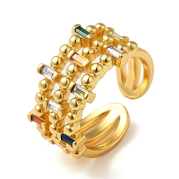 Rack Plating Brass Micro Pave Colorful Cubic Zirconia Open Cuff Rings, Rectangle, Real 18K Gold Plated, Inner Diameter: 17.6mm