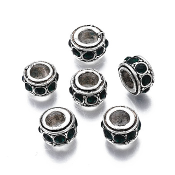 Alloy Rhinestone European Beads, May Birthstone Beads, Large Hole Beads, Cadmium Free & Lead Free, Fit European Bracelet Jewelry Making, Antique Silver, Rondelle, Emerald, 11x6.5mm, Hole: 5mm