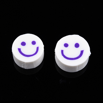 Handmade Polymer Clay Beads, Flat Round with Smiling Face, Blue Violet, 9~10x4mm, Hole: 1.2~1.6mm