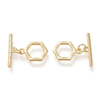 Brass Toggle Clasps, Long-Lasting Plated, Hexagon & Bar, Real 18K Gold Plated, Hexagon: 17x12x1.5mm, Hole: 1.6x2.5mm, Bar: 21x4.8x1.5mm, Hole: 1.8mm