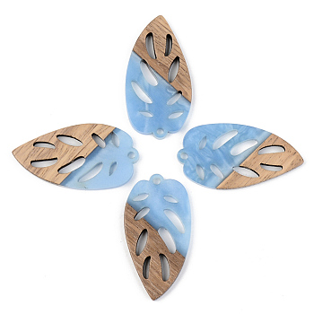 Opaque Resin & Walnut Wood Pendants, Leaf, Cornflower Blue, 38x20x3mm, Hole: 2mm
