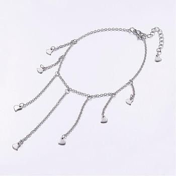 304 Stainless Steel Charm Anklets, Heart, with 316 Surgical Stainless Steel Chains, Stainless Steel Color, 9 inch(228mm)
