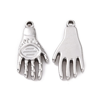 304 Stainless Steel Pendants, Hamsa Hand Charms, Stainless Steel Color, 21x10.5x3.5mm, Hole: 1.5mm