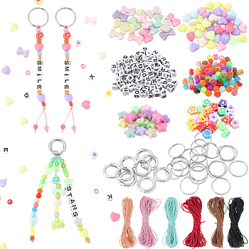 DIY Keychain Making Kit, Including Waxed Cotton Cord, Acrylic & Handmade Polymer Clay Beads, Alloy Spring Ring Clasps, Mixed Color, 25x2.5mm