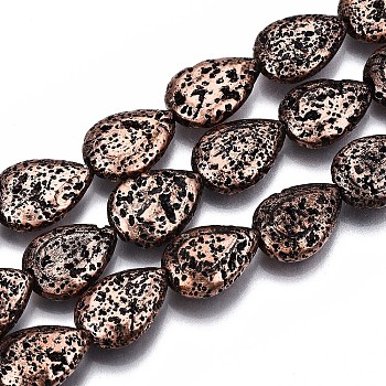 Electroplated Natural Lava Rock Bead Strands, Bumpy, Teardrop, Copper Plated, 15x11x5mm, Hole: 1.2mm, about 28pcs/strand, 15.75 inch(40cm)
