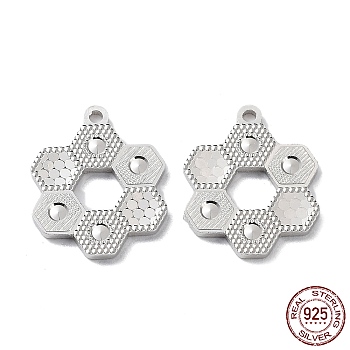 Rhodium Plated 925 Sterling Silver Pendants, Hexagon Flower Charm, Textured, Real Platinum Plated, 16x13x1.2mm, Hole: 1.2mm