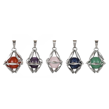 Natural Mixed Gemstone Round Bead Pendants, 304 Stainless Steel Link Chains Charms, Mixed Dyed and Undyed, Stainless Steel Color, 19.5x15x15mm, Hole: 4.5x2.5mm
