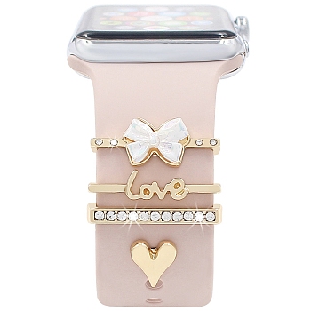 Word Love & Heart Alloy Rhinestones Watch Band Charms Set, Watch Band Studs, Decorative Ring Loops, Golden, Inner Diameter: 2.2x0.35cm, 4pcs/set