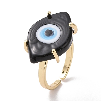 Lampwork Oval with Evil Eye Open Cuff Ring, Real 18K Gold Plated Brass Lucky Jewelry for Women, Lead Free & Cadmium Free, Black, US Size 6 1/4(16.7mm)