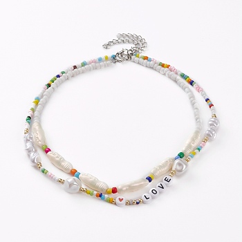 Beaded Necklaces Sets, with Glass Seed Beads, ABS Plastic Imitation Pearl Beads, Acrylic Heart Beads and Platinum Plated Alloy Lobster Claw Clasps, Mixed Color, 14.56 inch(37cm), 16.53 inch(42cm), 2pcs/set