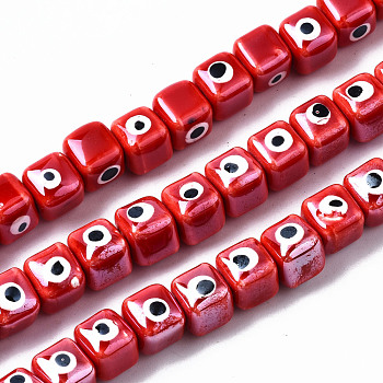 Handmade Porcelain Ceramic Beads Strands, Bright Glazed Porcelain, Cube with Evil Eye, Red, 9.5x8.5x8.5mm, Hole: 1.5mm, about 40pcs/strand, 12.99 inch(33cm)