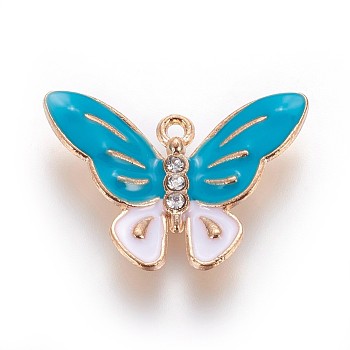 Zinc Alloy Pendants, with Enamel and Rhinestone, Butterfly, Light Gold, Deep Sky Blue, 18x25.5x3.5mm, Hole: 1mm