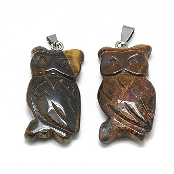 Natural Tiger Eye Pendants, with Stainless Steel Snap On Bails, Owl, 39~45x20~22x7~10mm, Hole: 6x4mm