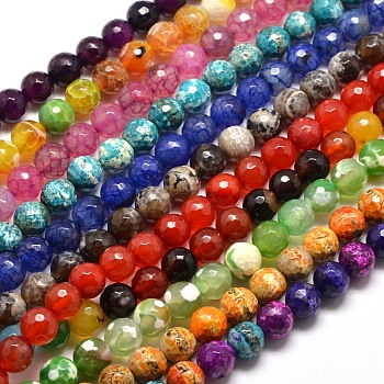 Dyed Natural Agate Faceted Round Beads Strands, Mixed Color, 10mm, Hole: 1mm, about 38pcs/strand, 15 inch