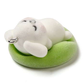 Flocking Resin Sleeping Pendants, Animal Charms with Platinum Plated Iron Loops, Rabbit, 42x35x21mm, Hole: 2.8mm