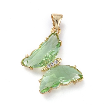 Brass Micro Pave Clear Cubic Zirconia Pendants, with Glass, Butterfly, Golden, Dark Green, 24x21.5x4mm