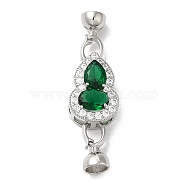 Rack Plating Brass Micro Pave Clear Cubic Zirconia Fold Over Clasps, with Green Glass, Cadmium Free & Lead Free, Long-Lasting Plated, Gourd, Platinum, Gourd: 20x13.5x9mm, Clasp: 15x7x7mm, Inner Diameter: 5.5mm(KK-E084-05P)