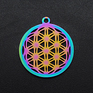 Ion Plating(IP) 201 Stainless Steel Pendants, Spiritual Charms, Laser Cut, Flower of Life, Rainbow Color, 22x19.5x1mm, Hole: 1.5mm(STAS-S105-JA577)