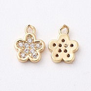 Brass Cubic Zirconia Charms, Flower, Clear, Real 18K Gold Plated, 9x7x1.5mm, Hole: 1mm(X-KK-S348-436)