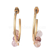 Stud Earrings, Half Hoop Earrings, with Natural Strawberry Quartz Beads, Golden Plated 304 Stainless Steel Stud Earring Findings and Copper Wire, 39x32.5mm, Pin: 0.8mm(EJEW-JE03956-04)