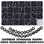 DIY Letter Stretch Bracelet Making Kit, Including Flat Round Acrylic Beads, Elastic Thread, Black, Beads: 7x4mm, Hole: 1.5mm, 1485~1620pcs/box(DIY-YW0007-60B)