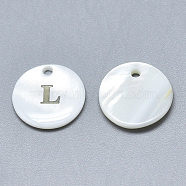 Natural White Shell Mother of Pearl Shell Charms, with Iron Sticker, Flat Round with Letter, Letter.L, 13x2mm, Hole: 1.5mm(SSHEL-N036-053L)