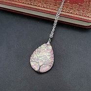 Teardrop with Tree Resin Pendant Necklace, Platinum Copper Wire Wrapped Necklace, Misty Rose, 20.47 inch(52cm)(PW-WG20561-02)
