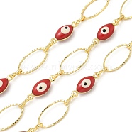 Rack Plating Brass Enamel Link Chains, Long-Lasting Plated, Unwelded, Real 18K Gold Plated, Oval with Evil Eye, Red, 13~13.5x5~7x0.8~4mm(CHC-P012-11G-01)