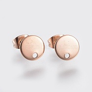 Ion Plating(IP) 304 Stainless Steel Stud Earring Findings, with Loop and Flat Plate, Ear Nuts/Earring Backs, Flat Round, Rose Gold, 10x1mm, Hole: 1.5mm, Pin: 0.8mm(X-STAS-K184-01-01RG)