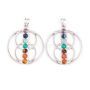 Chakra Natural Tiger Eye & Natural Lapis Lazuli & Natural Carnelian & Synthetic Turquoise & Glass Pendants, Rack Plating Alloy Flat Round Charms, Long-Lasting Plated, Lead Free & Cadmium Free, Platinum, 40x35.5x4mm, Hole: 6x5mm(G-NH0025-11P)