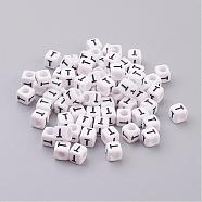 Acrylic Horizontal Hole Letter Beads, Cube, White, Letter T, Size: about 6mm wide, 6mm long, 6mm high, hole: about 3.2mm, about 2600pcs/500g(PL37C9308-T)