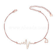 SHEGRACE 925 Sterling Silver Link Anklets, with Cable Chains, Heartbeat and Heart, Rose Gold, 8-1/4 inch(21cm)(JA163B)