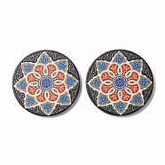 Printed Opaque Acrylic Pendants, Flat Round with Flower Pattern, Black, 37.5~38x2.5mm, Hole: 2mm(MACR-F071-02B)