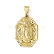 Vacuum Plating 304 Stainless Steel Pendants, with Crystal Rhinestone, Octagon with Virgin Mary, Golden, 25x16.5x3mm, Hole: 6.5x3mm(STAS-A062-20G)