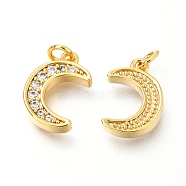 Brass Micro Pave Clear Cubic Zirconia Charms, with Jump Rings, Moon, Real 18K Gold Plated, 13x8.8x2.3mm, Hole: 2.5mm(ZIRC-O036-01G)