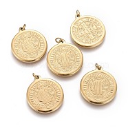 Ion Plating(IP) 304 Stainless Steel Pendants, with Jump Ring, Flat Round, Saint Benedict Medal, Golden, 19.5x17x2mm, Hole: 2.8mm(STAS-F256-036G)