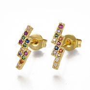 Brass Micro Pave Cubic Zirconia(Random Mixed Color) Flash Stud Earrings, Crawler Earrings/Climber Earrings, with Ear Nuts, Lightning Bolt, Golden, 12x4mm, Pin: 0.7mm(EJEW-S201-87)