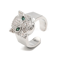 Leopard Cubic Zirconia Open Cuff Ring, Brass Jewelry for Woman, Platinum, US Size 7 1/4(17.5mm)(RJEW-F146-02P)