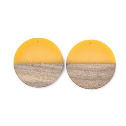 Resin & Walnut Wood Pendants, Flat Round, Gold, 38~39x4mm, Hole: 1.8mm(RESI-T023-10A)