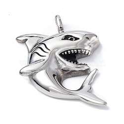 304 Stainless Steel Pendants, Shark Charm, Antique Silver, 46x31x7.5mm, Hole: 4x6mm(STAS-C065-13AS)