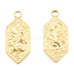 Ion Plating(IP) 201 Stainless Steel Pendants, Hexagon with Rabbit, Real 18K Gold Plated, 28x12x2.5mm, Hole: 2.5mm(STAS-N098-254LG)