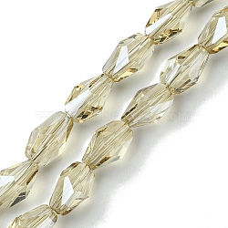 Transparent Electroplate Glass Beads Strands, Pearl Luster Plated, Faceted, Teardrop, Light Gold, 9x5.5~6x5.5~6mm, Hole: 1.2mm, about 70pcs/strand, 25.35''(64.4cm)(X-GLAA-K064-03B-PL01)