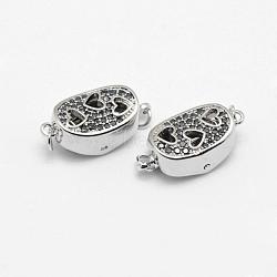 Brass Box Clasps, with Cubic Zirconia, Cadmium Free & Nickel Free & Lead Free, Real Platinum Plated, Oval and Heart, Hollow, Black, 18x8.5~9x7mm, Hole: 2mm(KK-G323-05A-P-NR)