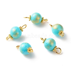Natural Mashan Jade Connector Charms, with Golden Plated Alloy and Brass Findings, Dyed, Round, Turquoise, 18x8.5mm, Hole: 1.6~2.7mm(PALLOY-JF01232-03)