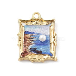 Alloy Enamel Pendants, Rectangle with Flower Charm, with ABS Plastic Pearl, Royal Blue, 25.5x19x4.5mm, Hole: 2mm(FIND-G089-02G-03)