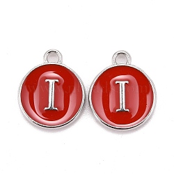 Platinum Plated Alloy Enamel Charms, Cadmium Free & Lead Free, Enamelled Sequins, Flat Round with Letter, Red, Letter.I, 14x12x2mm, Hole: 1.5mm(ENAM-S118-03I-P)
