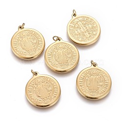 Ion Plating(IP) 304 Stainless Steel Pendants, with Jump Ring, Flat Round, Saint Benedict Medal, Golden, 19.5x17x2mm, Hole: 2.8mm(STAS-F256-036G)