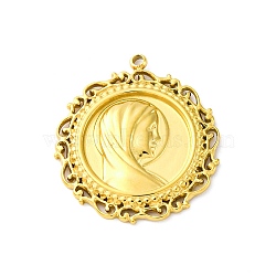 304 Stainless Steel Pendants, Flat Round with Virgin Mary Charm, PVD Vacuum Plating, Real 18K Gold Plated, 24.5x22x2.5mm, Hole: 1.4mm(STAS-S163-06B-G)