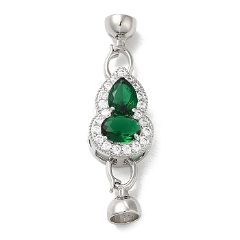 Rack Plating Brass Micro Pave Clear Cubic Zirconia Fold Over Clasps, with Green Glass, Cadmium Free & Lead Free, Long-Lasting Plated, Gourd, Platinum, Gourd: 20x13.5x9mm, Clasp: 15x7x7mm, Inner Diameter: 5.5mm